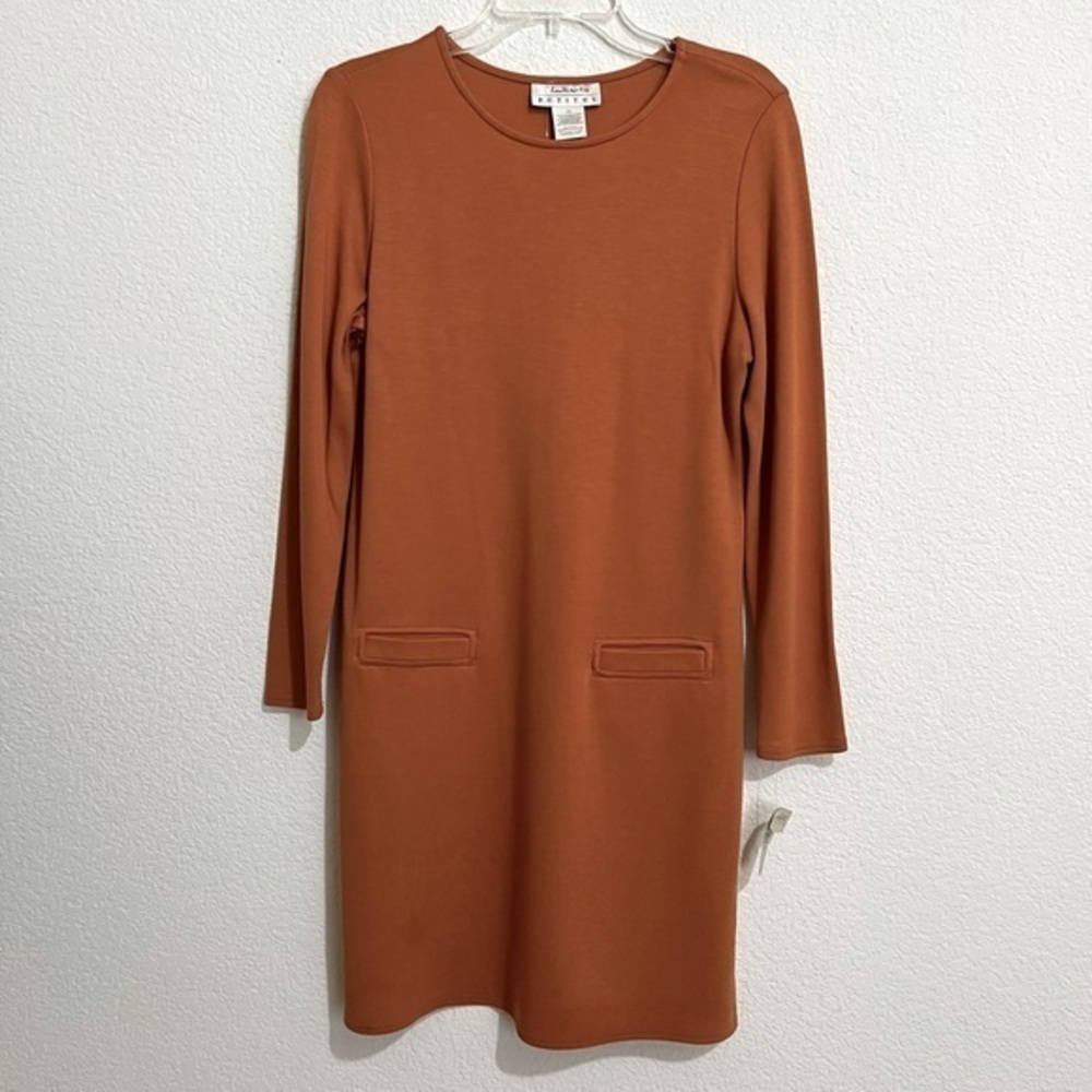Talbots Petites Orange Rust Shift Dress Pockets Long Sleeve Crew Neck New PSmall